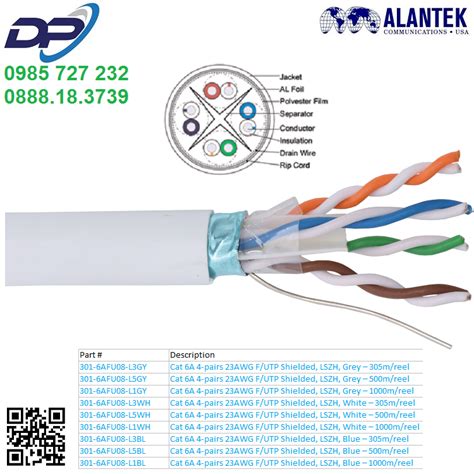 Cáp Mạng Alantek 301 6AFU08 L3GY Cat 6A 4 pairs 23AWG F UTP