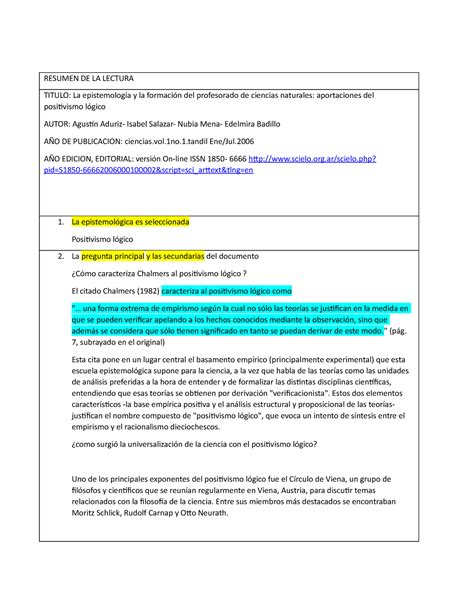 Resumen DE Positivismo Logico RESUMEN DE LA LECTURA TITULO La