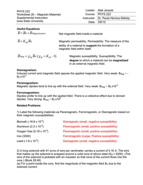 Phys Worksheet Magnetic Materials