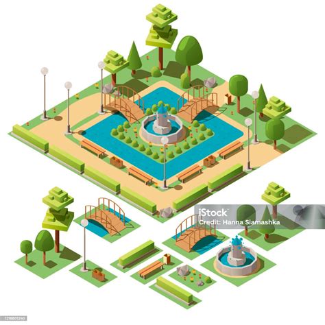 Taman Kota Isometrik Dengan Elemen Desain Untuk Lanskap Taman Ilustrasi