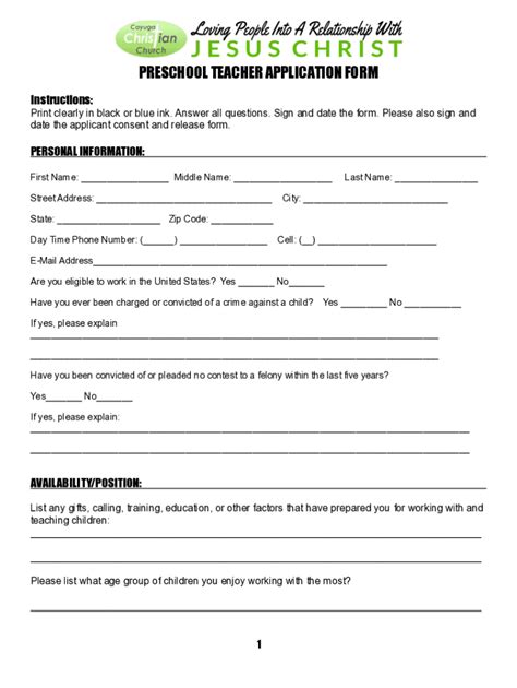 2019 2025 In Cayuga Christian Church Preschool Teacher Application Form Fill Online Printable