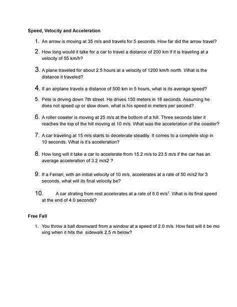 Speed Velocity Acceleration Freefall Proj Ws Speed Velocity And