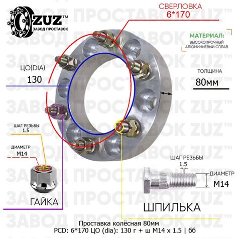 Проставка колёсная 80мм 6*170 ЦО 130 Крепёж в комплекте Гайка + Шпилька ...