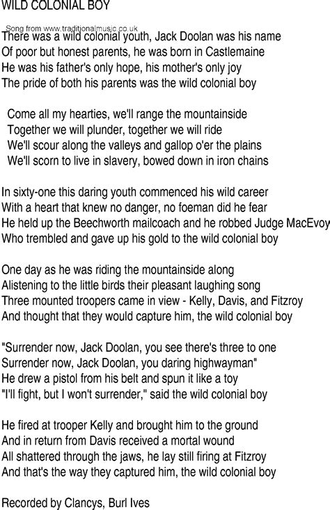 Irish Music Song And Ballad Lyrics For Wild Colonial Boy