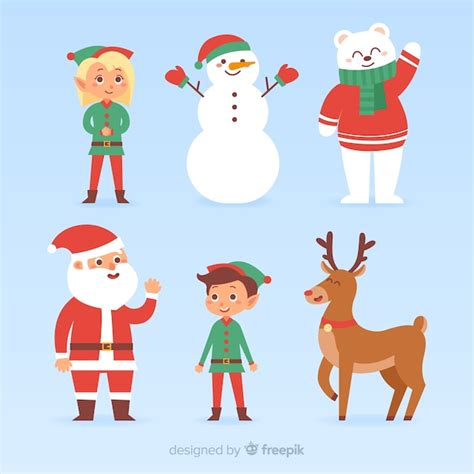 Colección adorable de personajes de navidad con diseño plano Vector