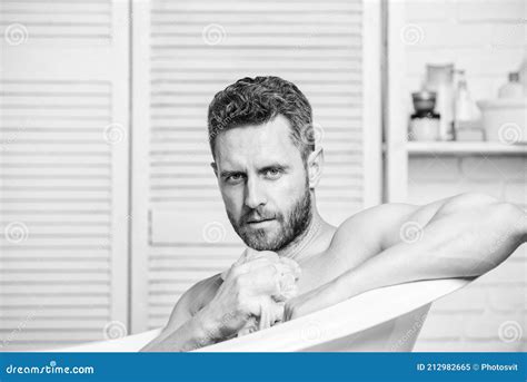 Macho Naked In Bathtub Wash Off Foam With Water Carefully Sex And