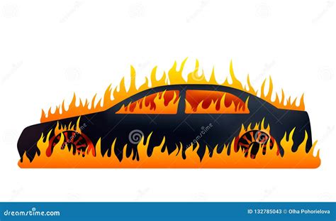 Burning Car During Flat Vector Illustration Isolated On White