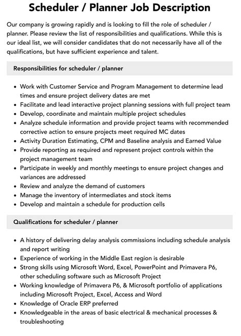 Scheduler Planner Job Description Velvet Jobs