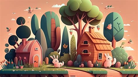 Cute House Forest Cartoon Illustration Background Houses Forest Cartoon Illustration