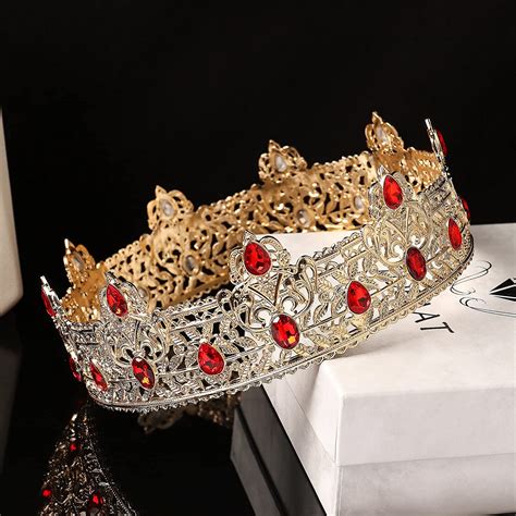 Buy Gold King Crowns for Men, Royal Crown with Red Rhinestone, Birthday ...