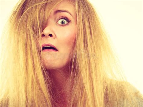 Crazy Mad Blonde Woman With Messy Hair Stock Image Image Of Stressed