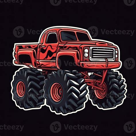 Red Monster Truck Sticker Graphic With White Border And Black Contour