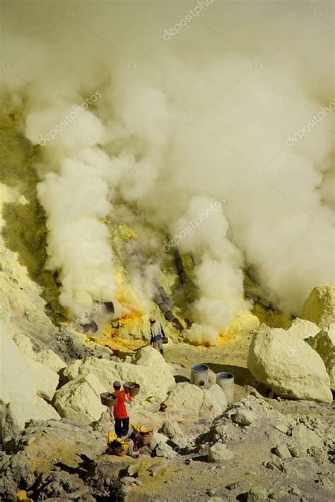 Workers mining sulfur inside volcano Ijen Stock Photo by ©BastianLinder ...