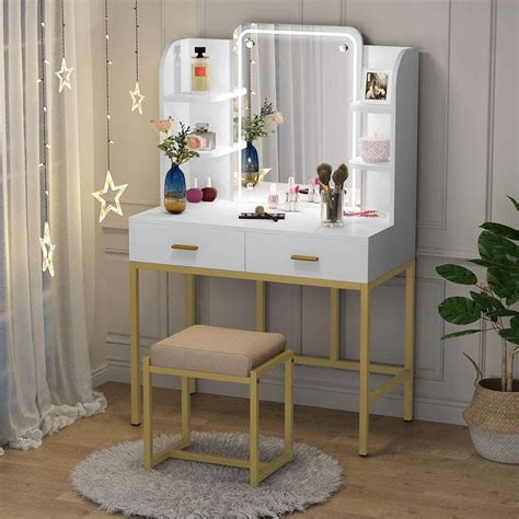 LED Lighted Vanity Table with Storage Shelves and Cushioned Stool in ...