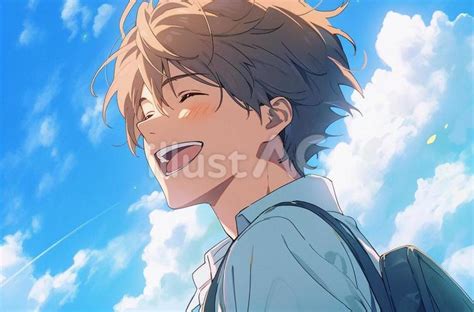 Free Vectors | Anime-style boy laughing happily under the blue sky