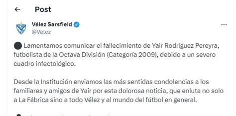 Dolor En El Fútbol Amateur Murió Un Jugador De 14 Años De Vélez Por Un Cuadro Infeccioso Mdz