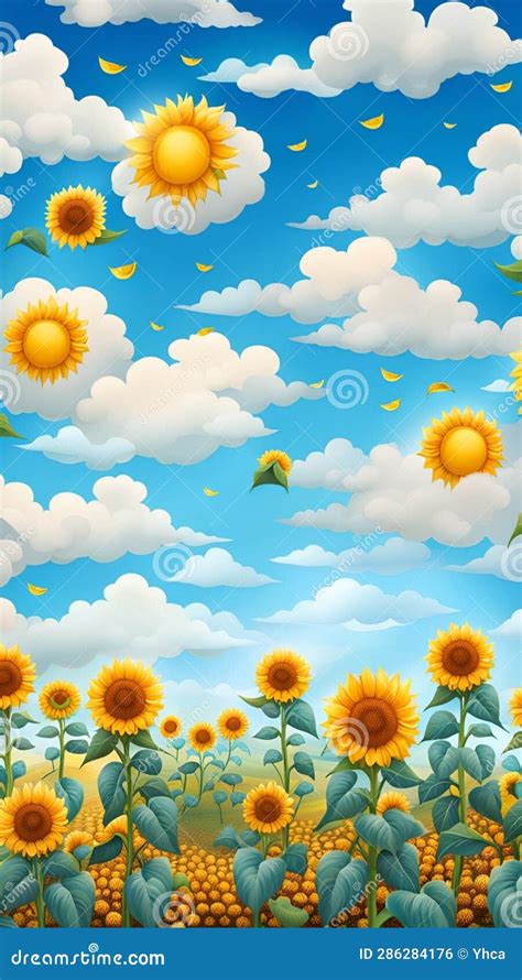 Sunflower Field With Blue Sky And Fluffy Clouds Stock Illustration