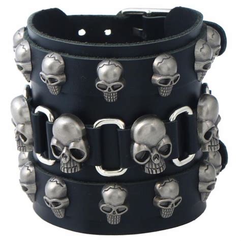 Bracelet Gothique Homme Avec Cr Ne De Pirate En Cuir Breloque Avec