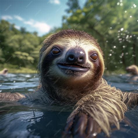 Cute Swimming Sloth With Hanging Tongue Generative Ai Premium Ai Generated Image