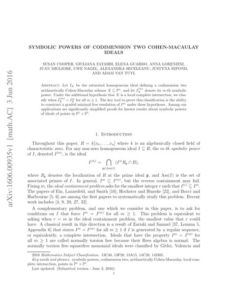 Pdf Symbolic Powers Of Codimension Two Cohen Macaulay Ideals