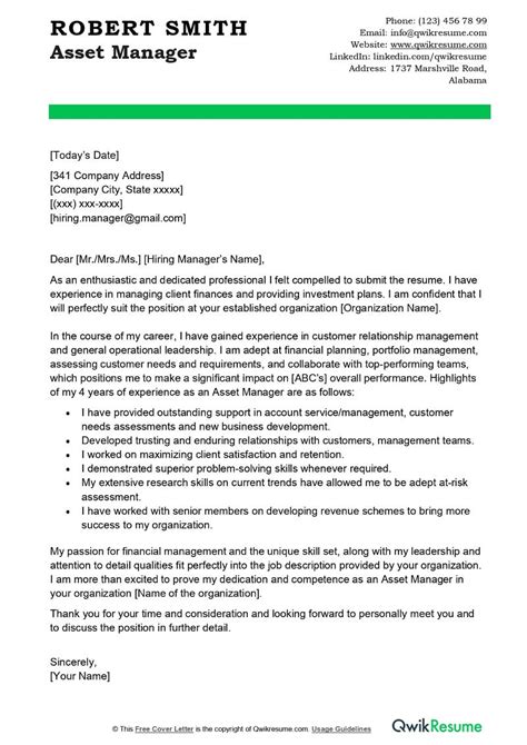 Asset Manager Cover Letter Examples Qwikresume