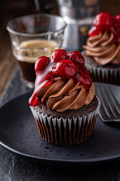 Premium Photo Black Forest Cupcake With Whipped Ganache And Cherry