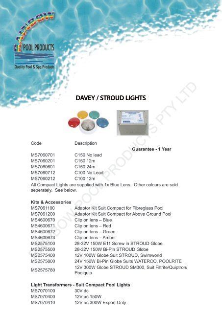 Product Specification - Rainbow Pool Products