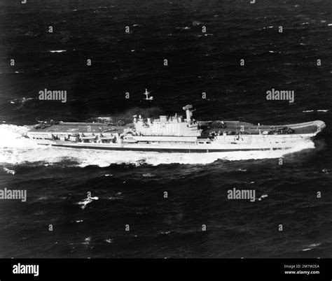 Aerial starboard beam view of the British aircraft carrier HMS HERMES ...