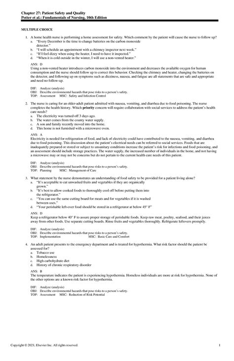 Fundamentals Test Bank Exam View Chapter 27 Chapter 27 Patient Safety And Quality Potter Et