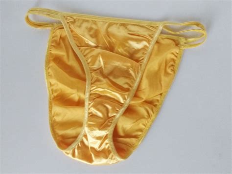 Bright Yellow Silky Shiny Nylon Satin String Bikini Panties Tanga