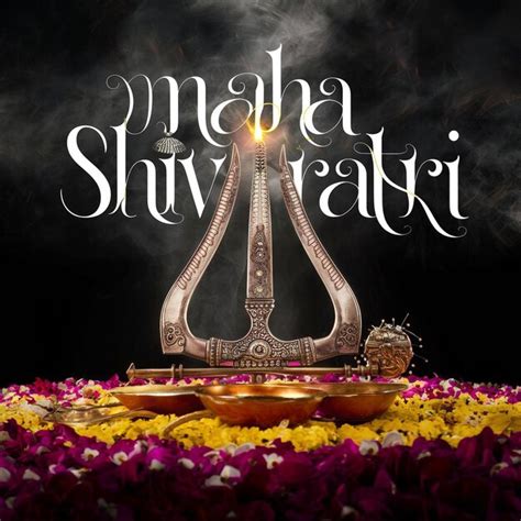 Ilustración de Maha Shivratri de trishul damru y flores con fondo negro