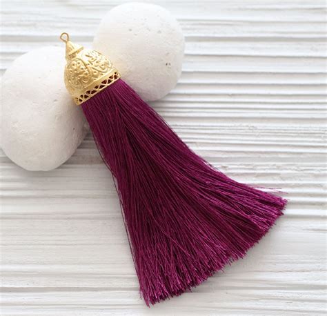 Extra Large Plum Purple Silk Tassel With Rustic Gold Tassel Cap Gold Cap Silk Tassel Magenta