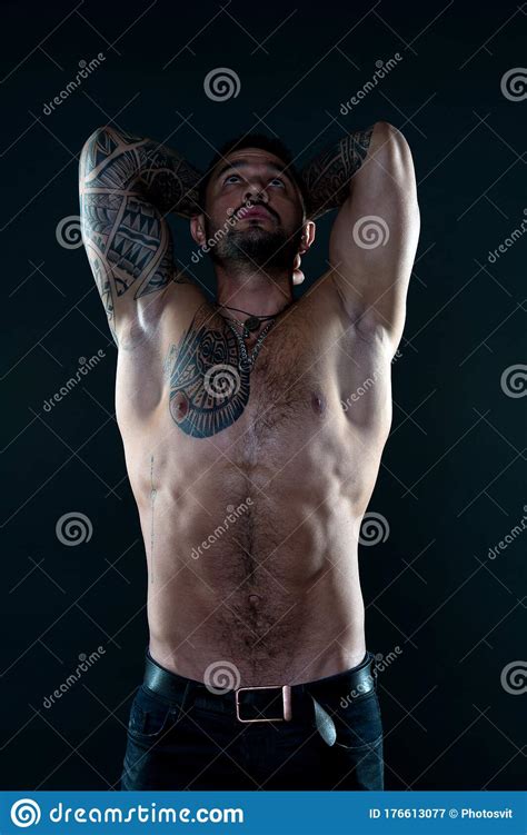 Narcissism Self Care I Am Perfect Tattoo Man With Sexy Bare Torso Bearded Macho With