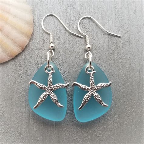 Handmade In Hawaii Turquoise Bay Blue Twin Starfish Sea Glass Earrings