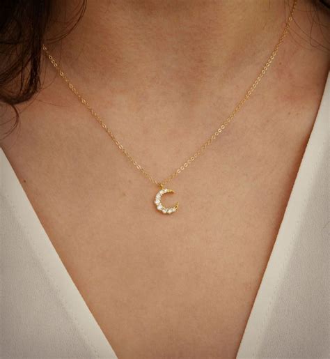 Diamond Crescent Moon Necklace Gold Sterling Silver Crescent Moon