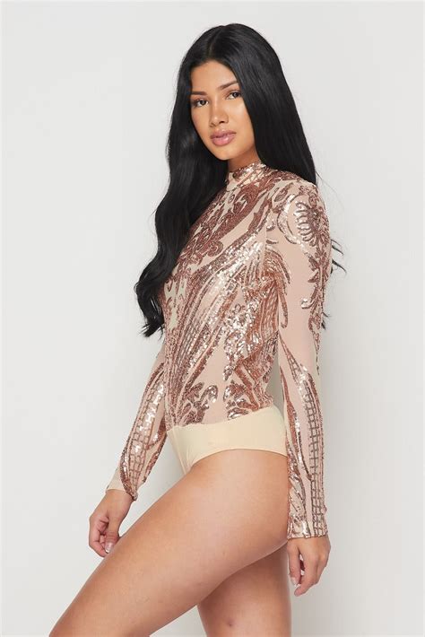 Sequin Embellished Bodysuit Rose Gold