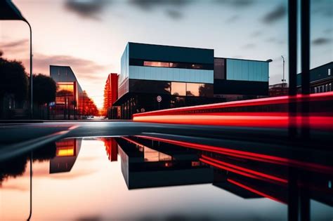 Un Edificio Con Luces Rojas Y Un Coche Circulando Por La Carretera