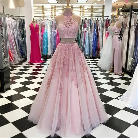 Robe De Soir E Longue Rose Ligne A Licou Tulle Dentelle Perl E