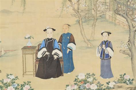 Chinese Ancestral Portrait In Outdoor Court Scene Qing Dynasty