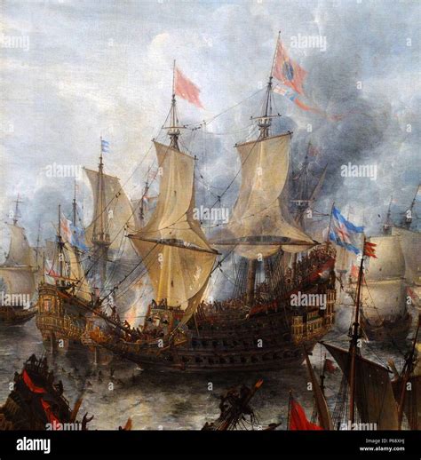 Painting of the Battle of Terheide a naval war fought with England. Painted by Abrahamsz ...