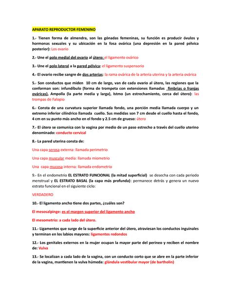 Cuestionario Aparato Reproductor Femenino Tienen Forma De