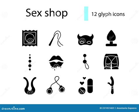 Sex Shop Glyph Icons Set Condom And Whip Adult Toys Sexual Store Isolated Vector Stock