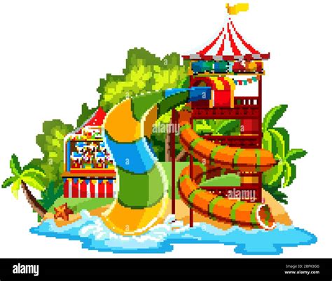 Scene With Waterslide In The Waterpark On White Background Illustration