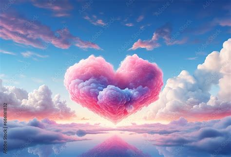 Romantic Sky Pink Heart Shaped Clouds In A Blue Sky With Reflection On Water Perfect For Love