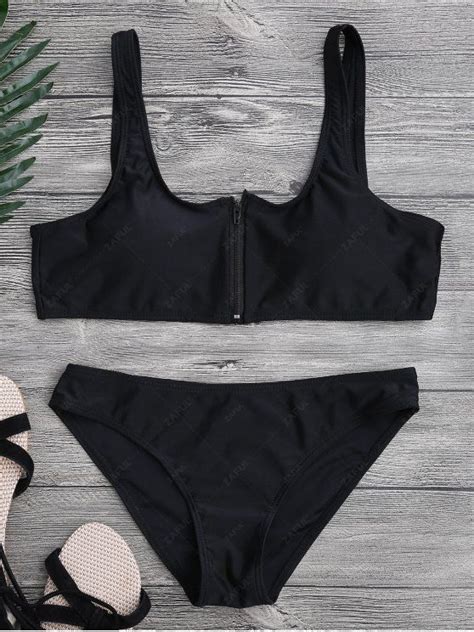 OFF Zip Front Scoop Bikini Set In BLACK ZAFUL