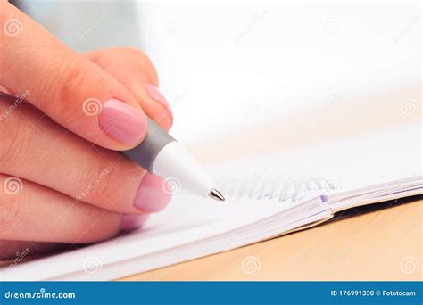 Female Hands Write In A Notebook Office Place Close Up View Image