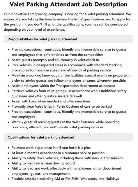 Valet Parking Attendant Job Description | Velvet Jobs