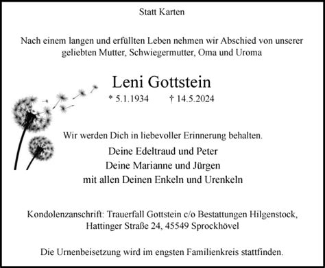 Traueranzeigen Von Leni Gottstein Trauer In Nrw De