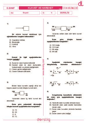 S N F Fen Bilimleri Kuvvet Ve Hareket Test Yaprak Test Derslig