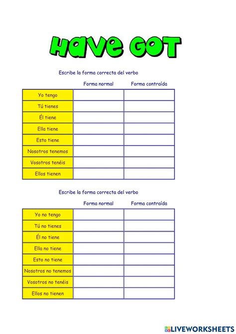 A Worksheet With The Words Have Got Written In Green And Yellow On It